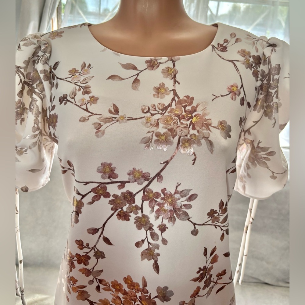 Shelby & Palmer Sheath Dress Women's Size 10 Ruched Sleeve Floral Ivory Stretch - Picture 12 of 16